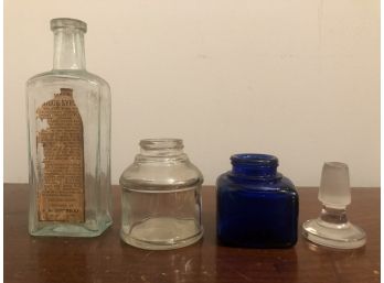 Antique Glass Lot JR Burnham Cough Syrup Bottle Cobalt Blue Glass Medicine Jar Clear Ink Jar Clear Stopper