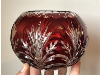 Vintage Bavarian Ruby Crystal Glass Cut -to -clear Bulbous Vase