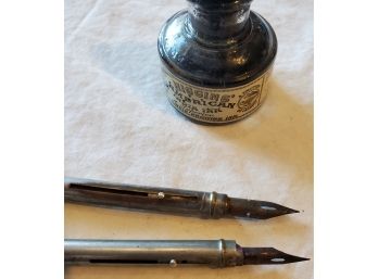 2 Antique Unusual Metal Nib Ink Pens & Stamps From Monument New York & An Old Bottle Of Higgins' India Ink