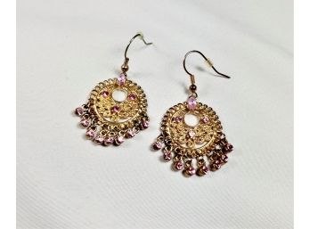 Pink Stone Gold Tone Hanging Earrings