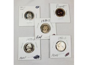 5 Proof Jefferson Nickels 1970,77,81,89 And 97