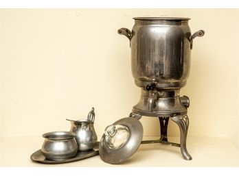 Pewter Coffee Urn And Creamer And Sugar Bowl