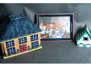 Handpainted Tray Basket & Birdhouse