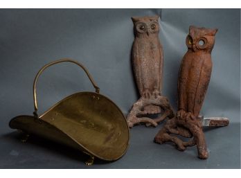 Vintage Cast Iron Owl Andirons & Brass Log Holder