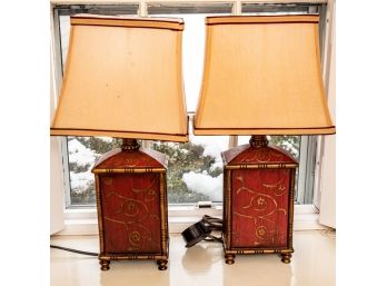 Pair Red & Gold Asian Lamps