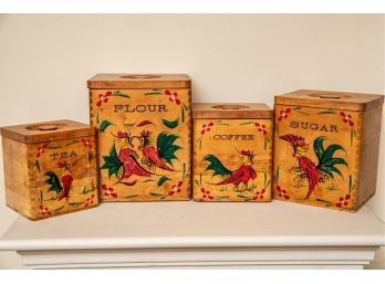 Vintage Wooden Canisters With Roosters