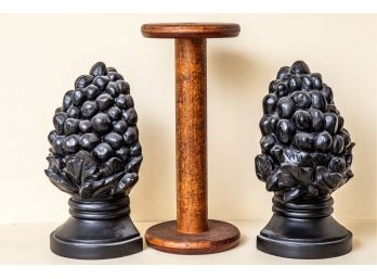 Pair Of Topiary Shaped Bookends & Wooden Spool