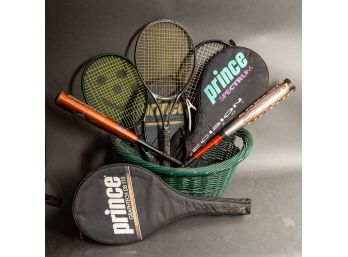 Basket Of Tennis Rackets & Metal Bats