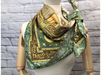 Hermes Silk Scarf With Sundial Theme, Yellows, Greens, Lovely