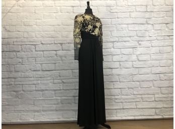 David Meister Formal Gold Lace Bodice Gown With Black Skirt, Open Back - Sz 2