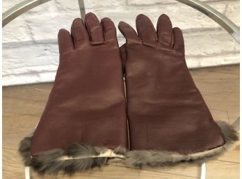 Leather Gloves With Rabbit Fur Trim, Vintage - Sz S