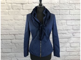 Lafayette 148 Blue Jacket With Ruffle Collar, Gold Tone Zip - Sz 6