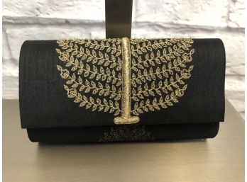 Black Cotton Evening Clutch With Gold Tree Embroidery By Fabindia - 7x5