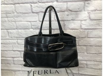 Furla Oversized Handbag, Black With Big Silver Tone Buckle White Stitching