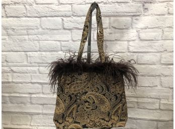 Brocade Tote Bag With Ostrich Trim - By CBK