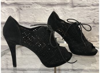 A. Marinella Black Suede Laced Laser Cut Heels - Sz 7.5