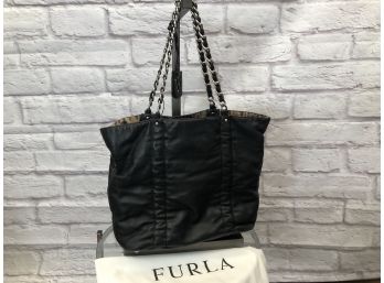 Furla Black Soft Leather Tote With Animal Print Lining