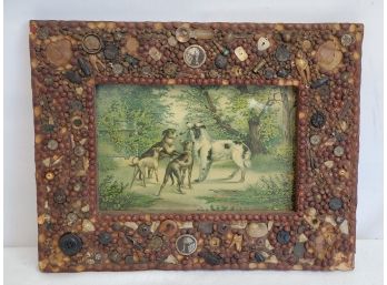 Very Unusual Antique Handmade Folk Art Frame & Dogs Playing With Sticks Art Print