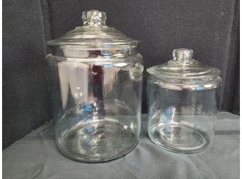 Two Large Oversized Clear Glass Lidded Canisters