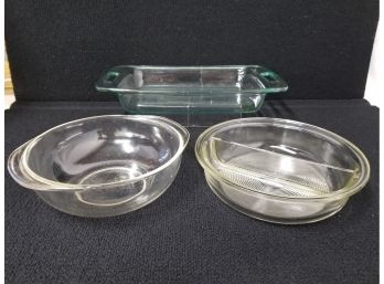 Three Pyrex Glass Oven Dishes: Casserole Dish, Handled Baking Dish & Divided Dish