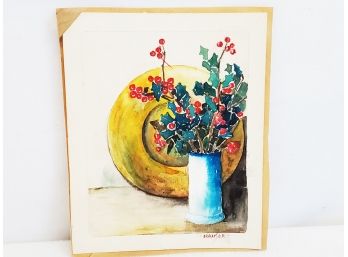 Vintage Signed 'Hauser' Small Watercolor Still Life Painting Holly Branches In Vase