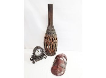 Decorative Assortment - Carved Tribal African Mask, Wicker Tall Vase & New Desk Clock