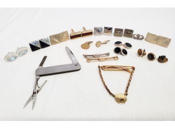 Vintage Assortment Of Men's Cufflinks, Tie Bars & Small Pocket Knife