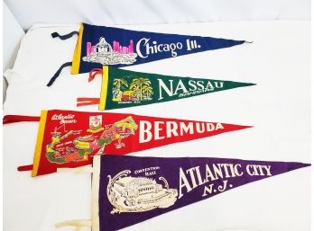 Grouping Of Four Vintage Souvenir Travel Pennants - Chicago, Bahamas, Bermuda & Atlantic City``