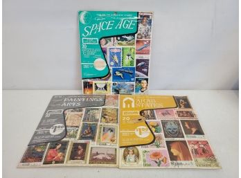 Three Vintage 'Explore The World With Stamps' Collections-Space Age, Arab States & Famous Paintings & The Arts