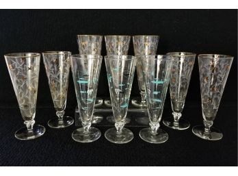 Mid Century Culver Gold & White Floral Design & Libbey Atomic Fish Pilsner Glasses (10)