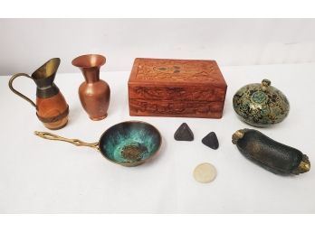 Vintage Grouping Of Carved Wood & 22K Painted Boxes, Miniature Copper & Brass Vases, And More