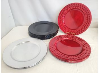 Assortment Of Plastic Underplate 13' Chargers - Red, Black & Silver