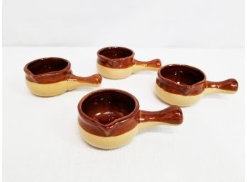 Four Ceramic Casserole Crucibles With Lips, Pouring Spouts & Handles