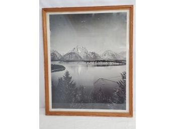 Great Vintage MCM Black & White Photograph Of Snowy Mountain Scene & Lake