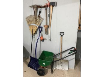 Seeder, Axe, And Assorted Garden Tools