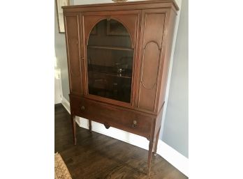 Vintage Display Cabinet  With Fine Detailed Trim And Arched Glass Door