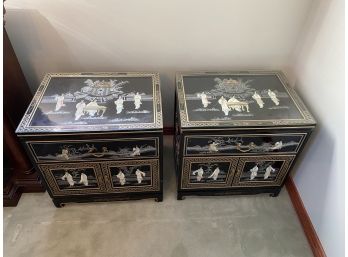 Pair Of Black Lacquer Nightstands  With Mother Of Pearl Inlay And Glass Tops