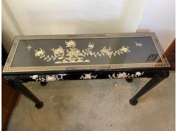 Black Lacquer Asian Hall Sofa Table Floral Birds Inlay Ball And Claw Foot With Glass Top