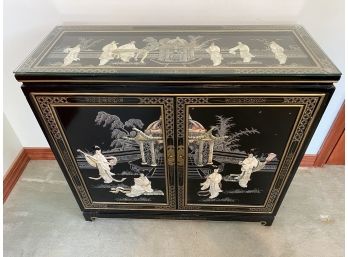 Black Lacquer Two Door Oriental Cabinet  With Mother Of Pearl Lady And Pagoda In Garden And Glass Top