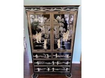 Black Lacquer Two Door Oriental Cabinet With Mother Of Pearl Lady And Pagoda In Garden With Glass Top