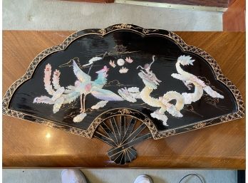 Black Lacquer Oriental Wall Fan Inlaid Mother Of Pearl Dragon