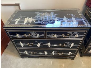 Oriental Black Lacquer 4 Drawer Dresser With Mother Of Pearl Lady And Pagoda In Garden And Glass Top