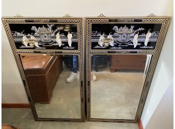 Pair Of Black Lacquer Oriental Wall Mirrors With Mother Of Pearl Inlay