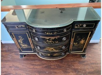 Black Oriental Handpainted Round Front Buffet Server With Glass Top