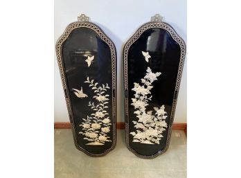 A Pair Of Black Lacquer Oriental Floral Wall Panels With Birds And Butterflies