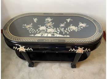 Black Lacquer Asian Coffee Table Floral Birds Inlay  With Glass Top