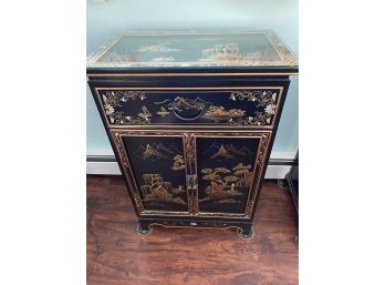 Black Oriental Handpainted Shoe Cabinet With Glass Top