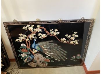 Black Lacquer Wall Panels Handpainted Peacock