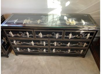 Oriental Black Lacquer 7 Drawer Dresser With Mother Of Pearl Lady And Pagoda In Garden And Glass Top