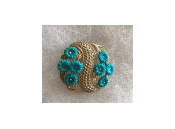 Special Vintage Pin With Green Flowers & Rhinestones